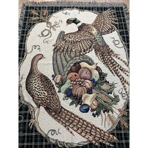 Vtg Tapestry Throw 52x68 Pheasant Cornucopia Harvest Cabin Lodge Fringe Blanket